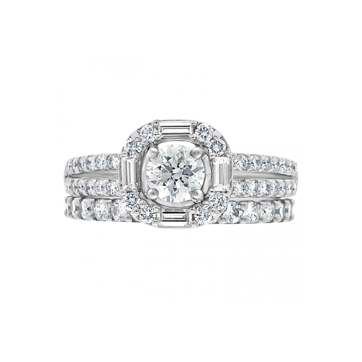 Baguette and Round Diamond Engagement Ring in white gold pictured with a diamond wedding ring
