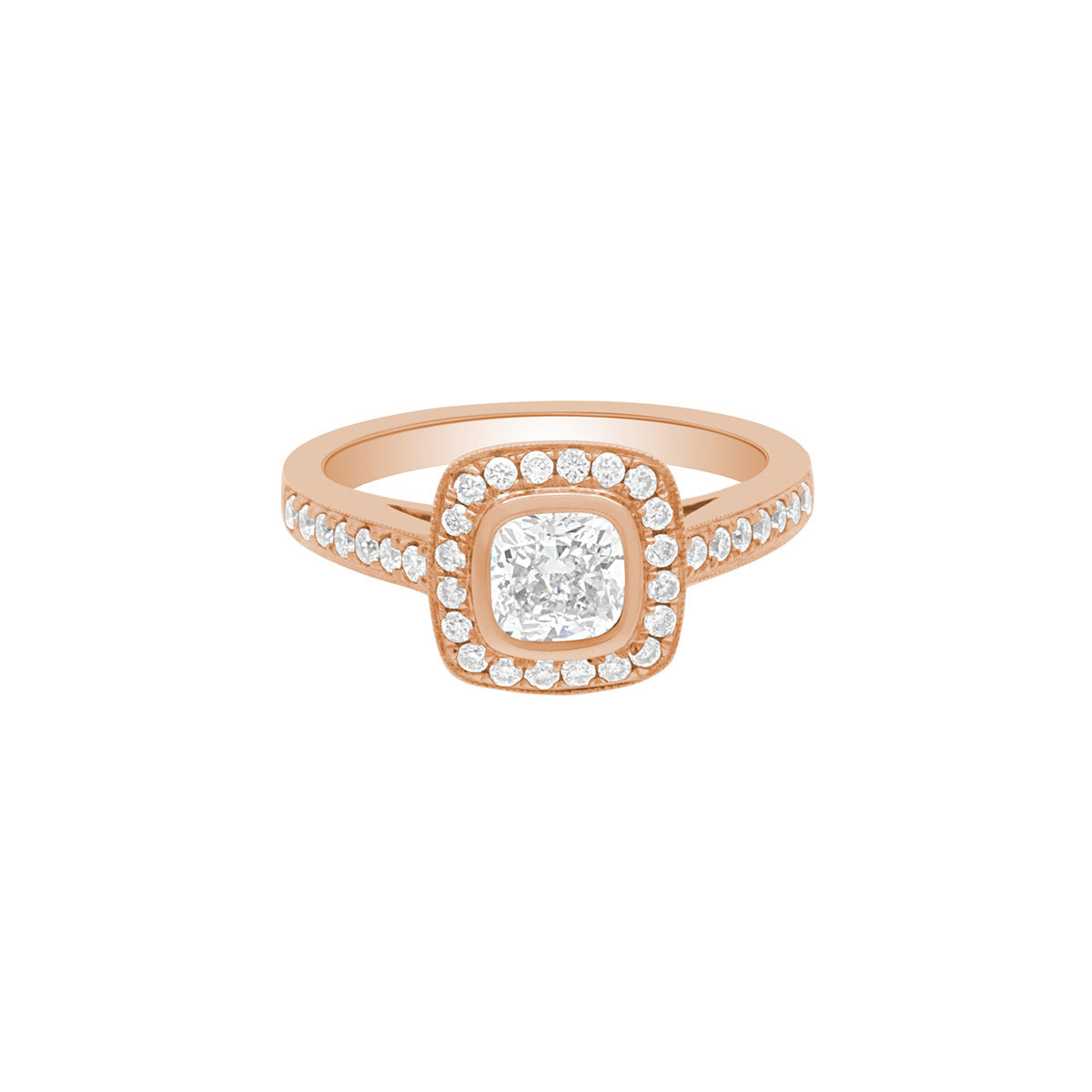 Bezel Set Cushion Cut Engagement Ring in rose gold