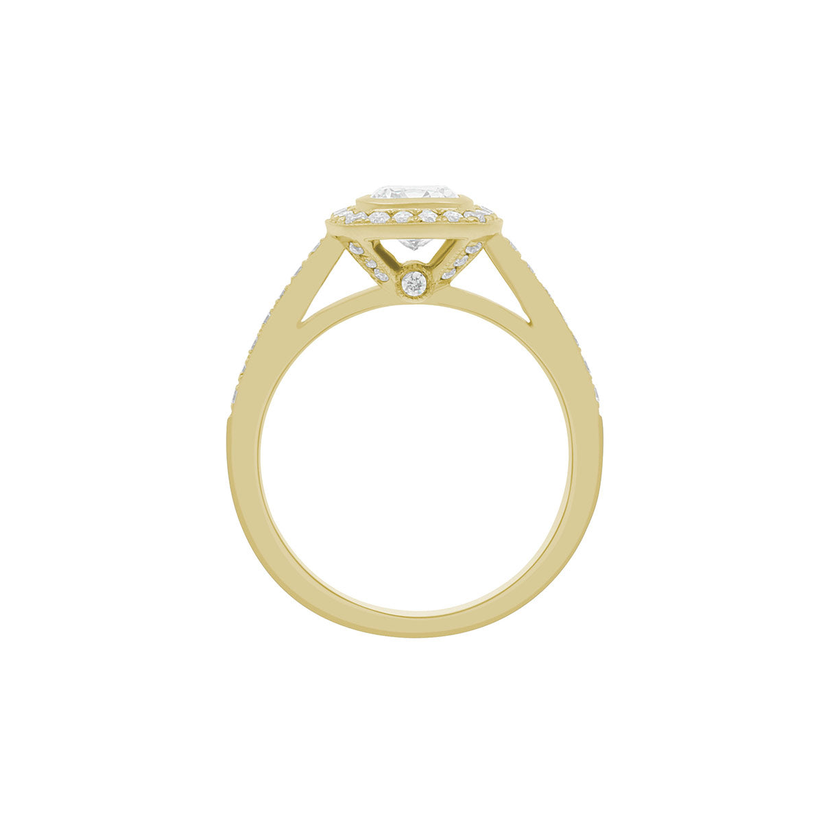 Bezel Set Cushion Cut Engagement Ring in yellow gold standingupright