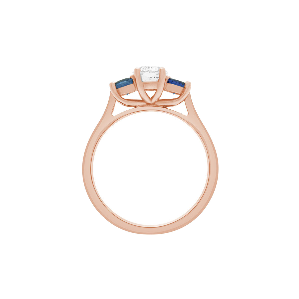 Diamond Sapphire Trilogy set in rose gold in an upright position