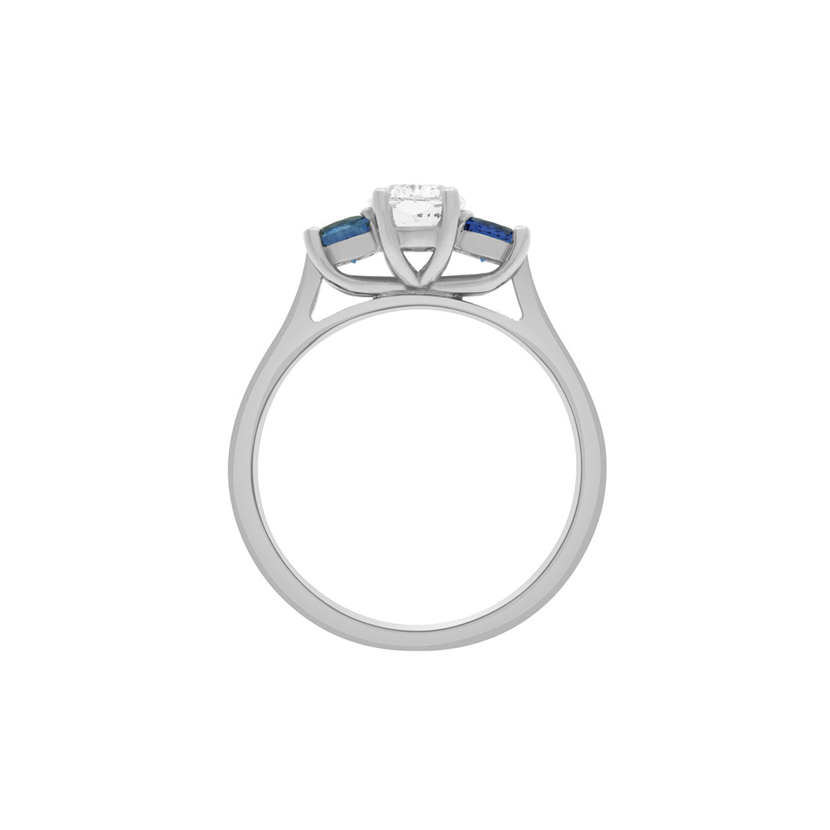 Diamond Sapphire Trilogy set in white gold metal in an upright position
