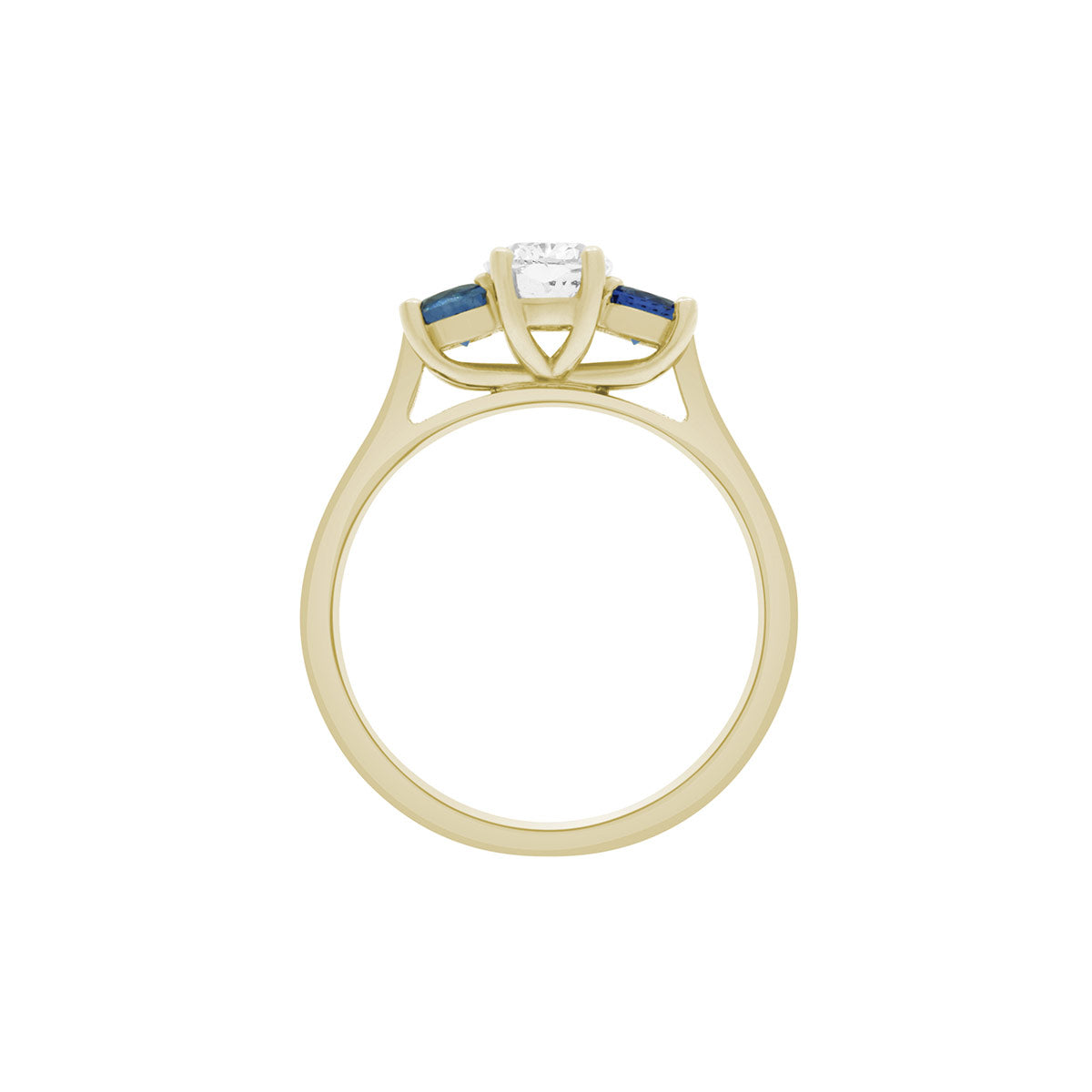 Diamond Sapphire Trilogy set in yellow gold metal in an upright position