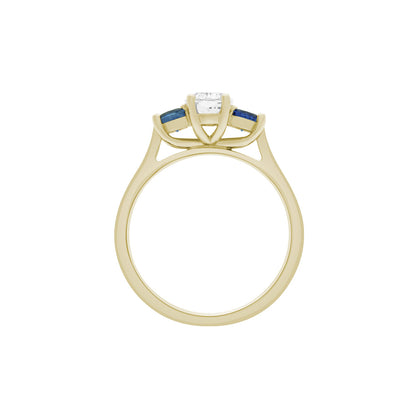 Diamond Sapphire Trilogy set in yellow gold metal in an upright position