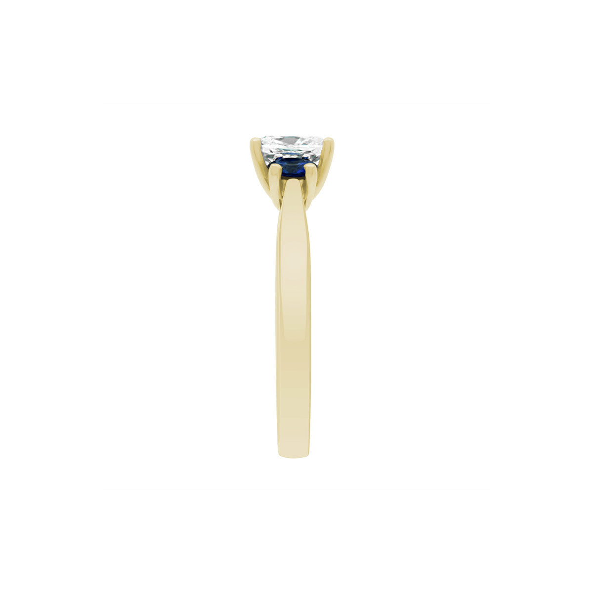 Diamond Sapphire Trilogy set in yellow gold in an upright position from the side