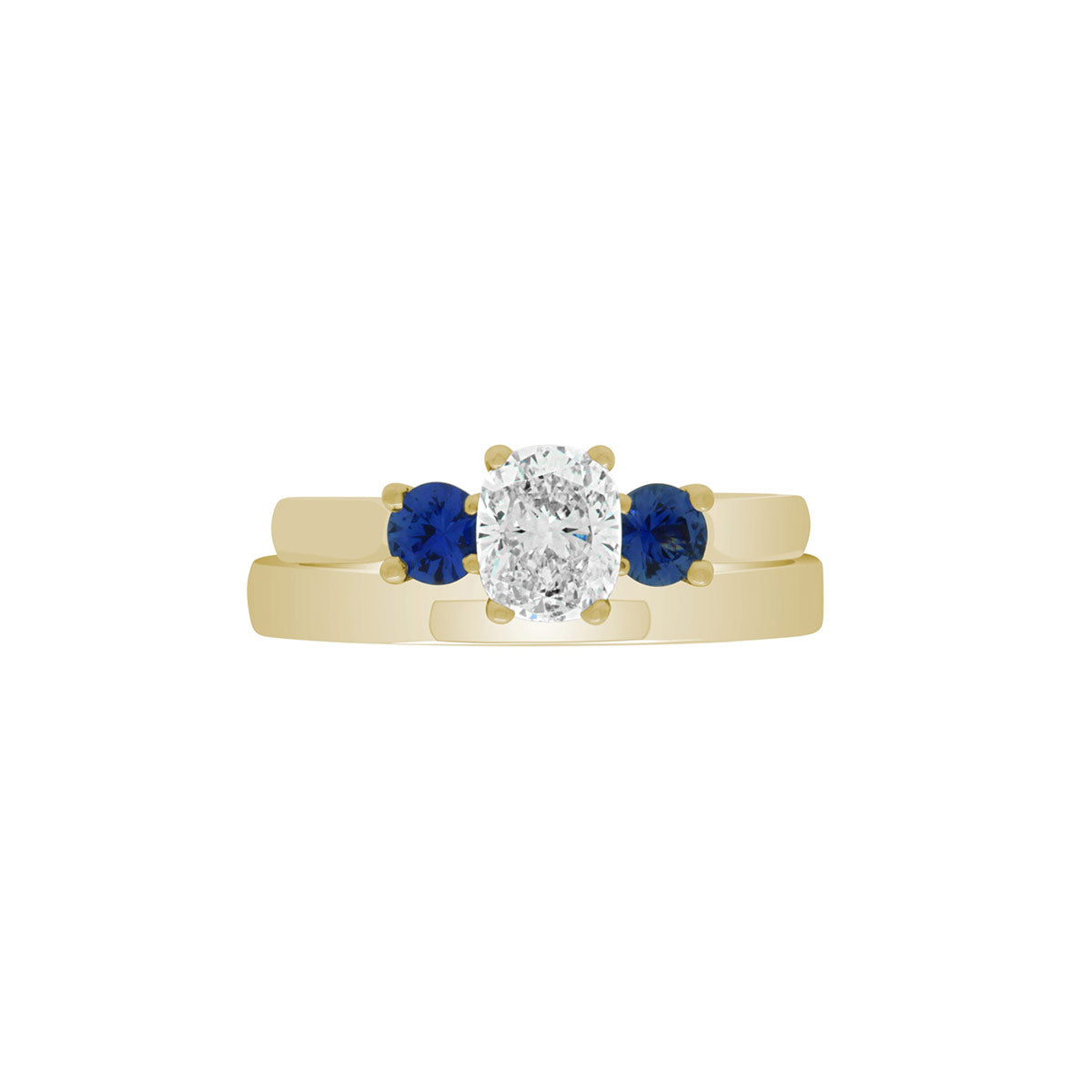 Diamond Sapphire Trilogy set in yellow gold metal with a matching yellow gold weddding ring