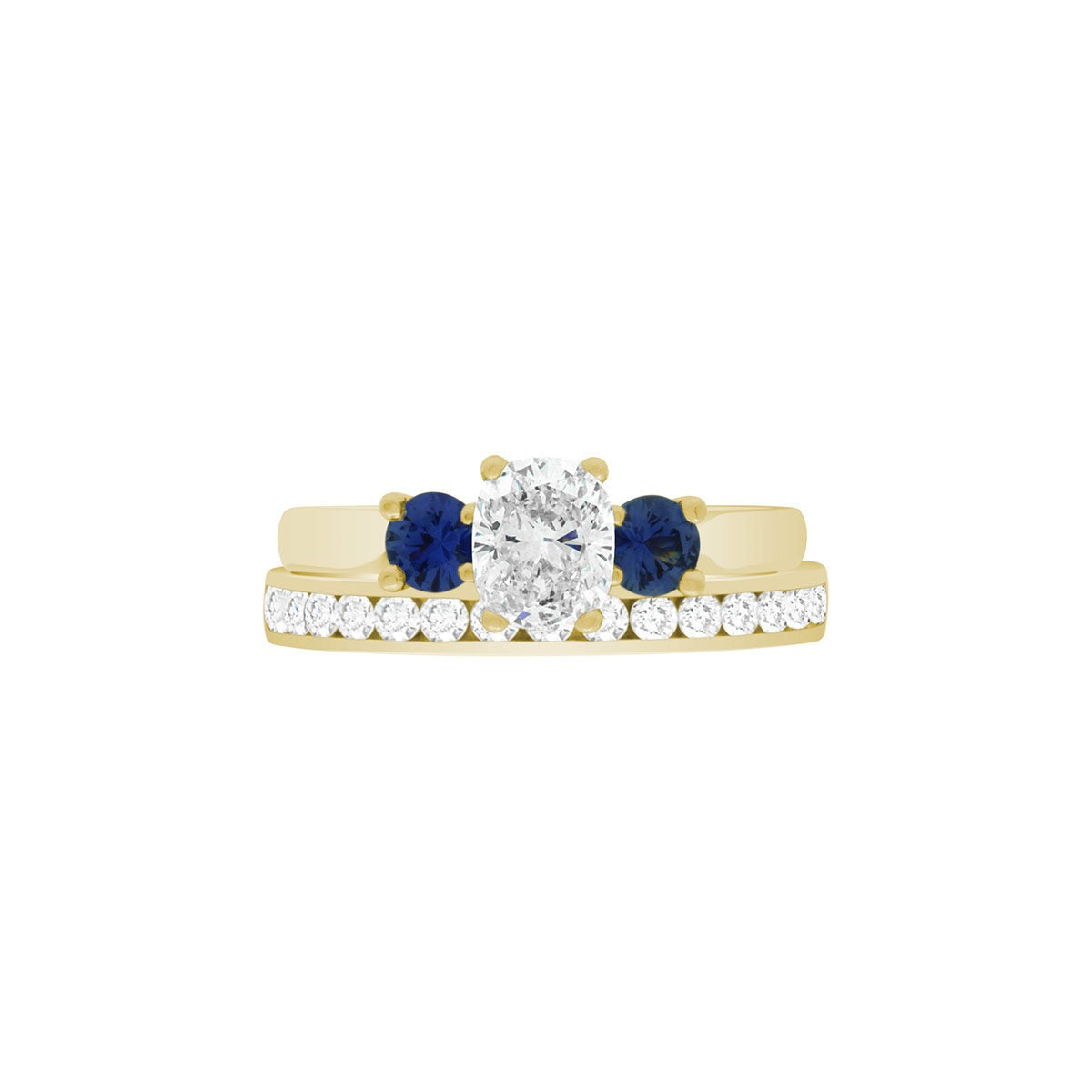 Diamond Sapphire Trilogy set in yellow gold with a matching diamond set wedding ring