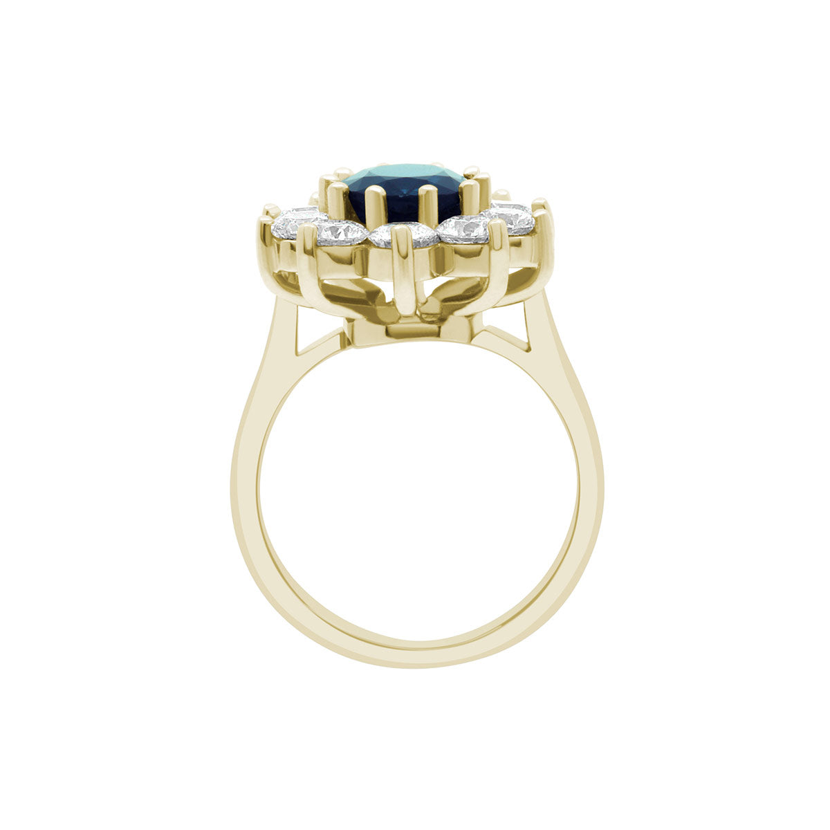 Sapphire Engagement Ring in yellow gold with a cluster of sparkling white diamonds in an upright position