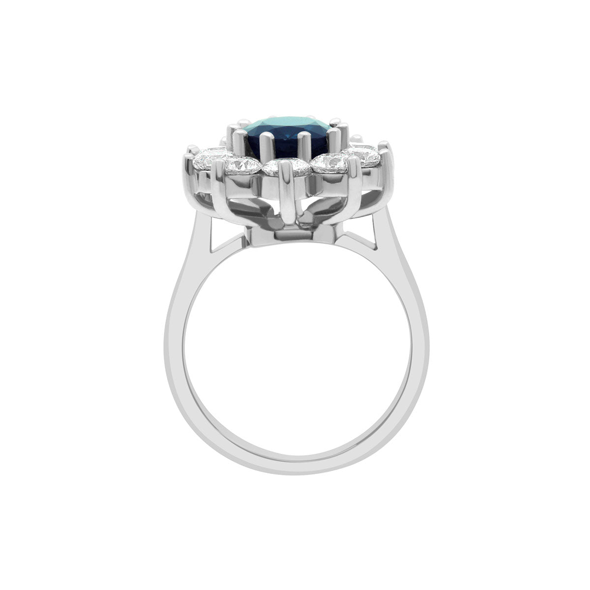 Sapphire Engagement Ring in white gold with a cluster of sparkling white diamonds upright position