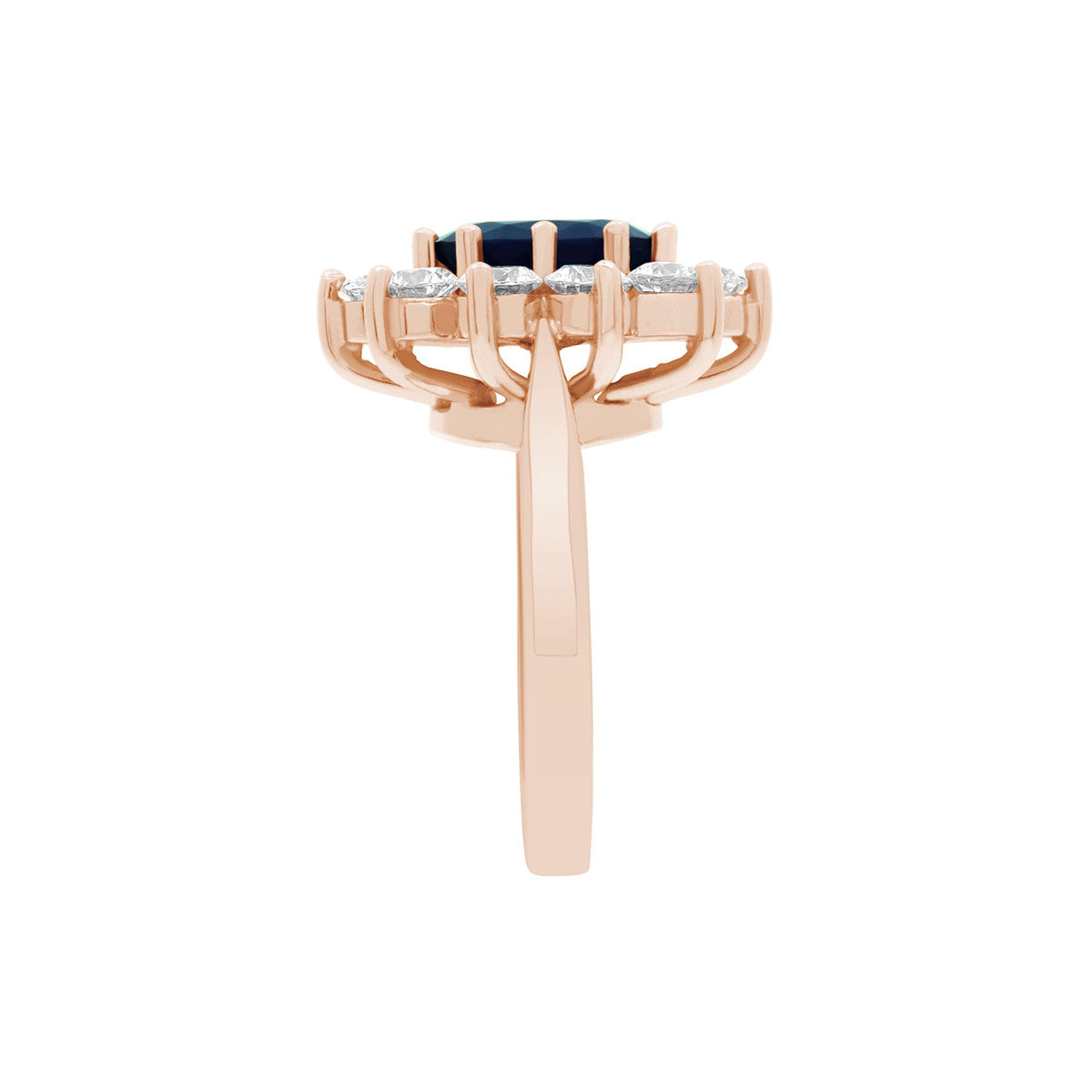 Sapphire Engagement Ring in rose gold with a cluster of sparkling white diamonds upright and viewed from the side