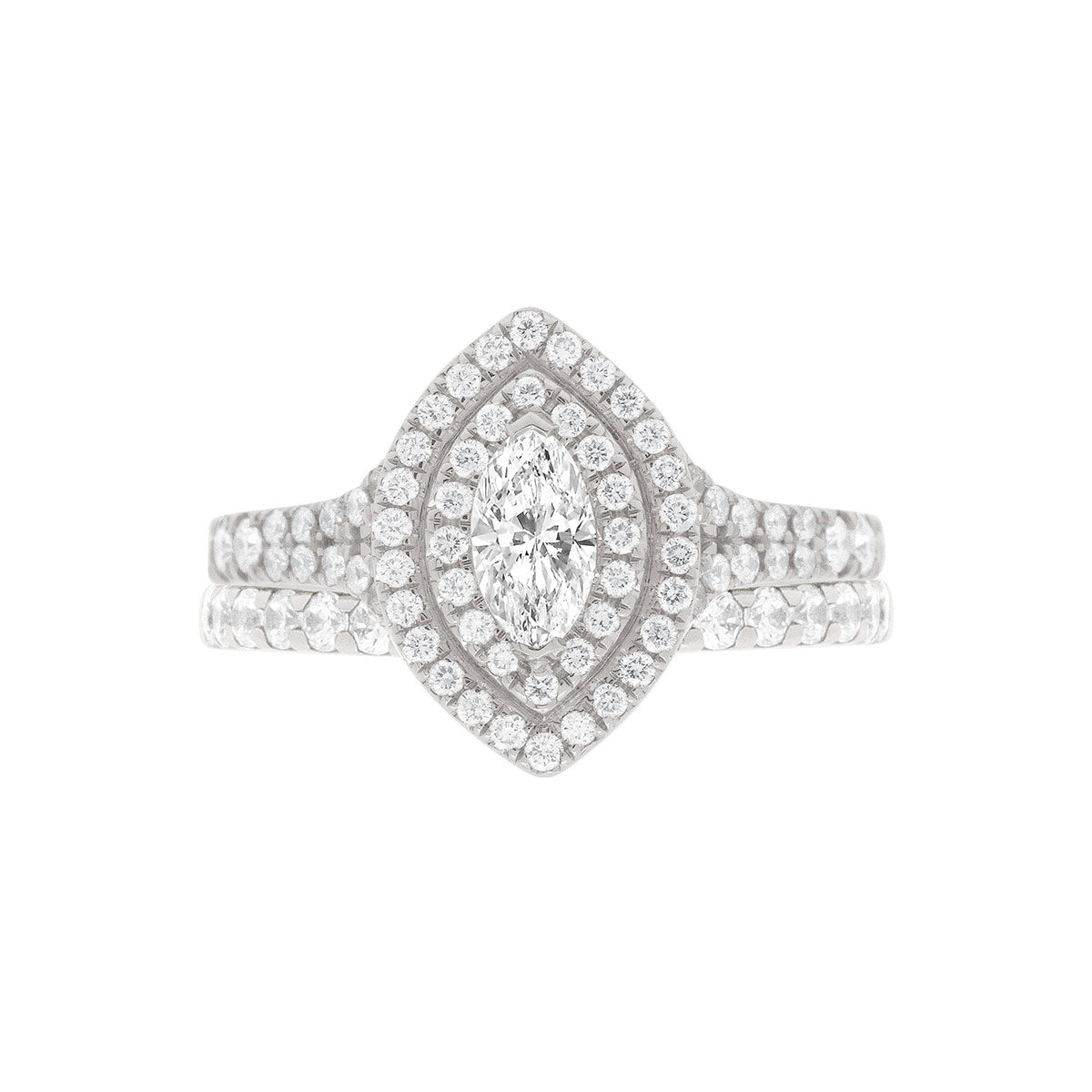 Double Halo Marquise Ring IN WHITE GOLD and pictured with a matching diamond wedding ring
