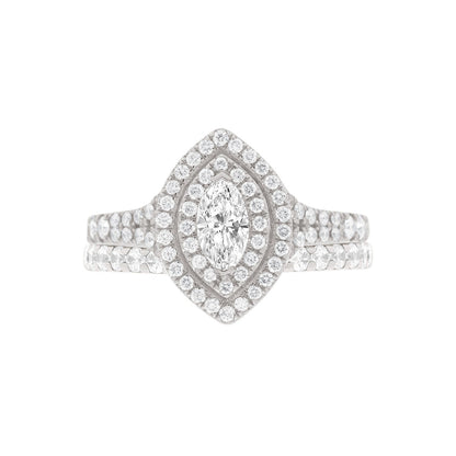 Double Halo Marquise Ring IN WHITE GOLD and pictured with a matching diamond wedding ring