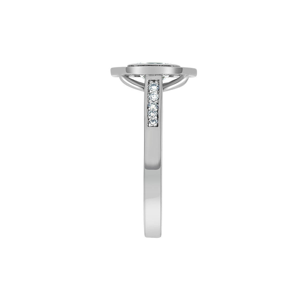 Emerald Cut Halo Ring in white gold upright and from a side view
