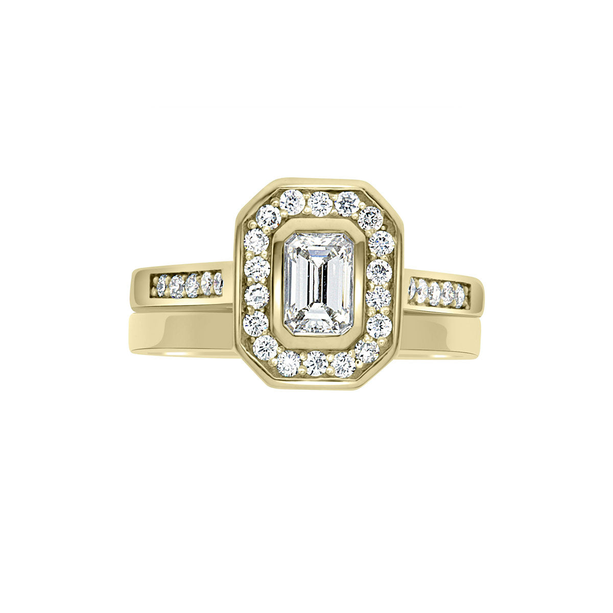 Emerald Cut Halo Ring in yellow gold with a matching plain wedding ring