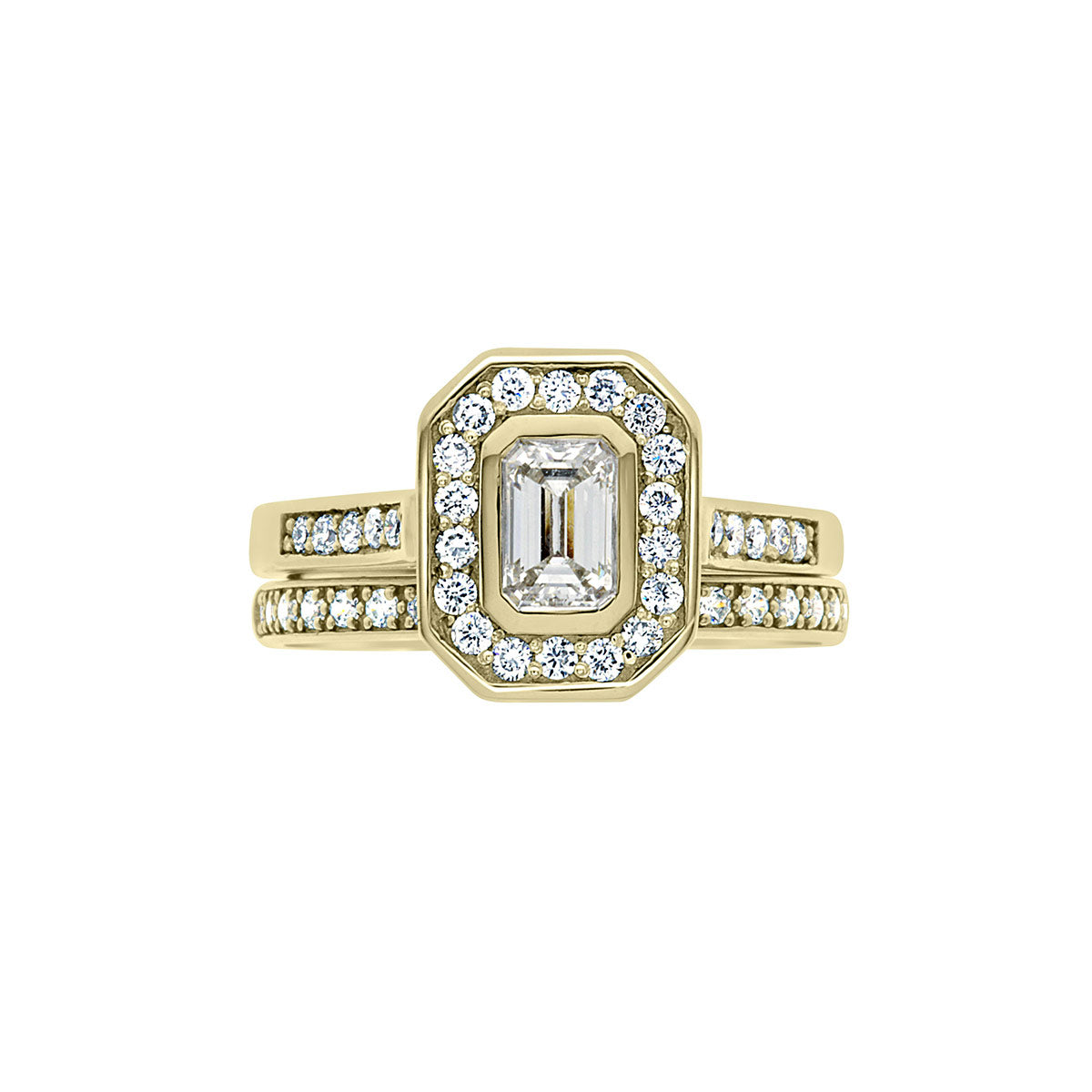Emerald Cut Halo Ring in yellow gold with a matching diamond studded wedding ring