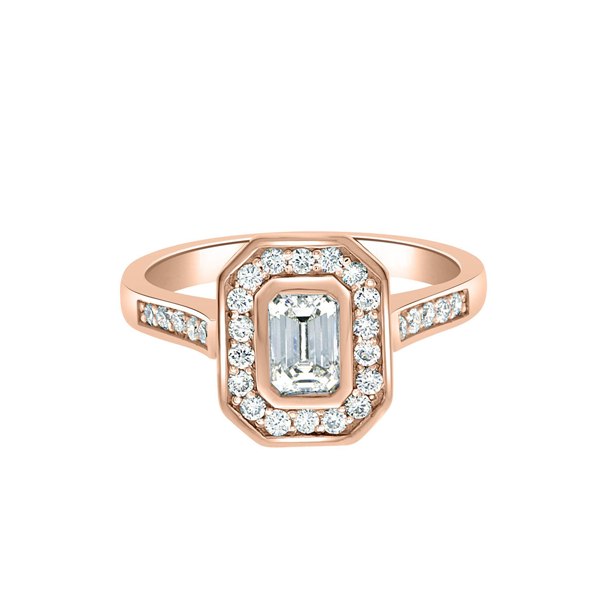 Emerald Cut Halo Ring in rose gold