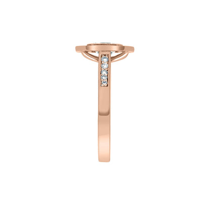 Emerald Cut Halo Ring in rose gold from a side view standing vertical