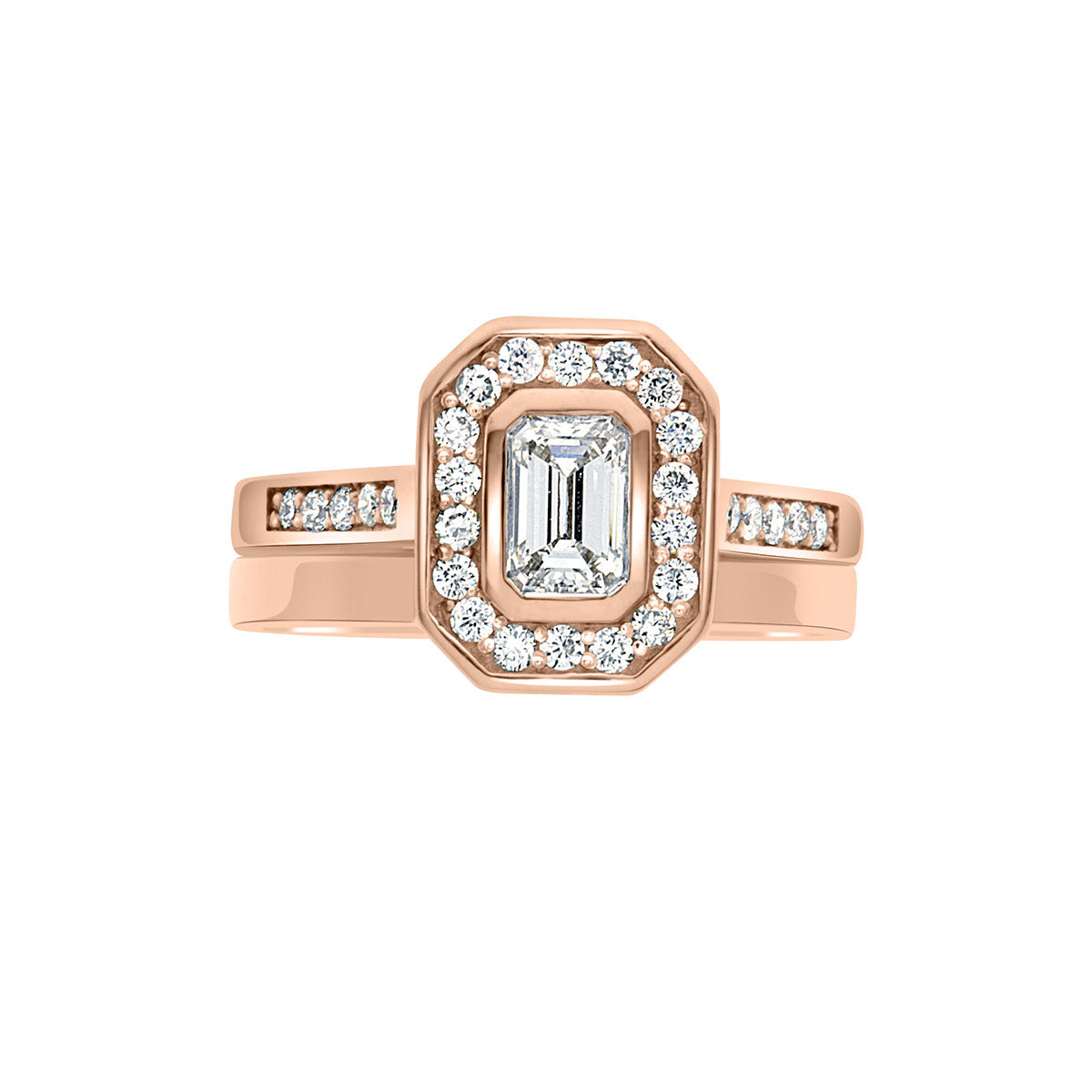 Emerald Cut Halo Ring in rose gold with a matching plain wedding ring