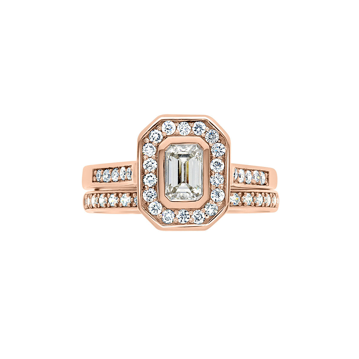 Emerald Cut Halo Ring in rose gold with a matching diamond studded wedding ring
