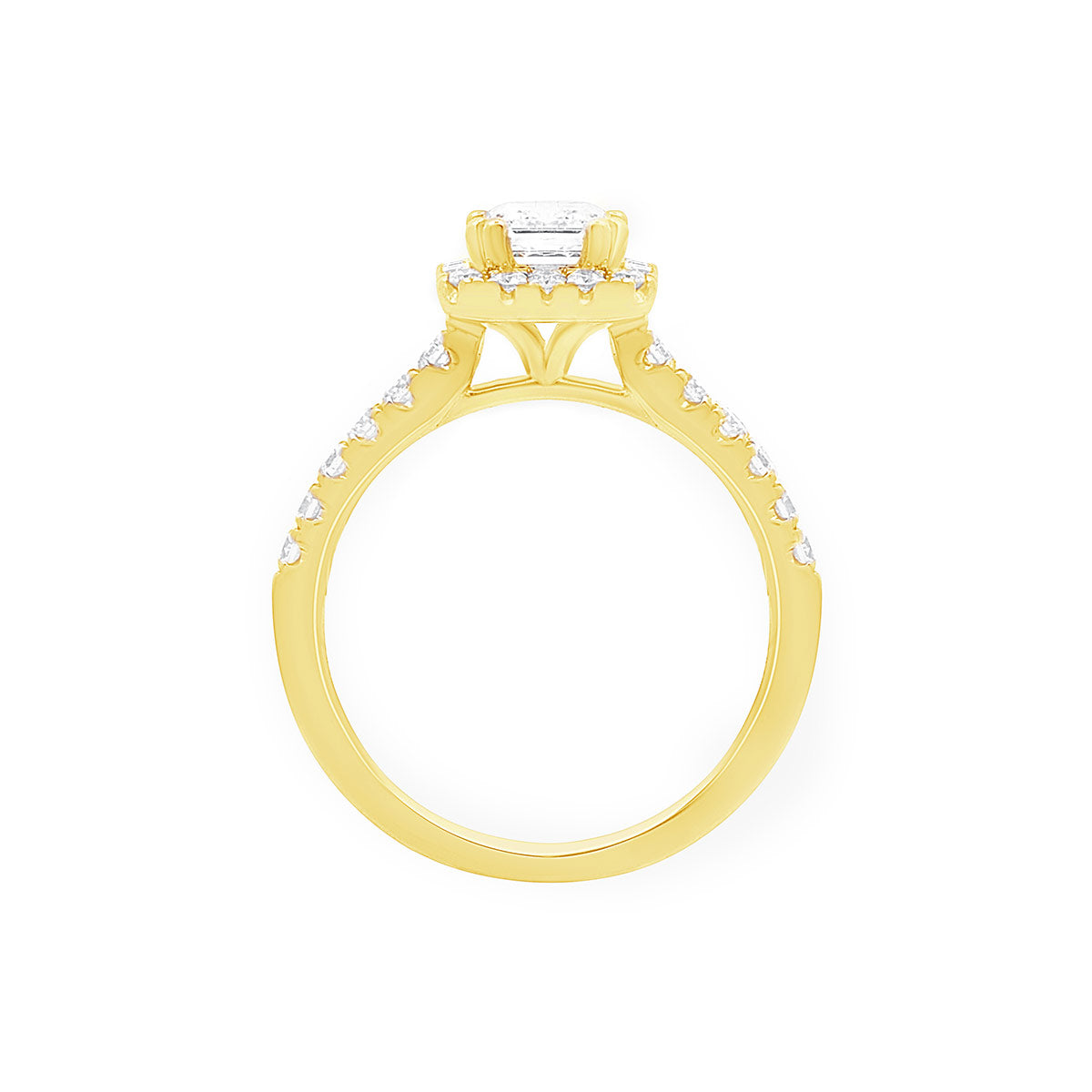 Emerald Shape Halo Ring in YELLOW GOLD STANDING VERTICAL 