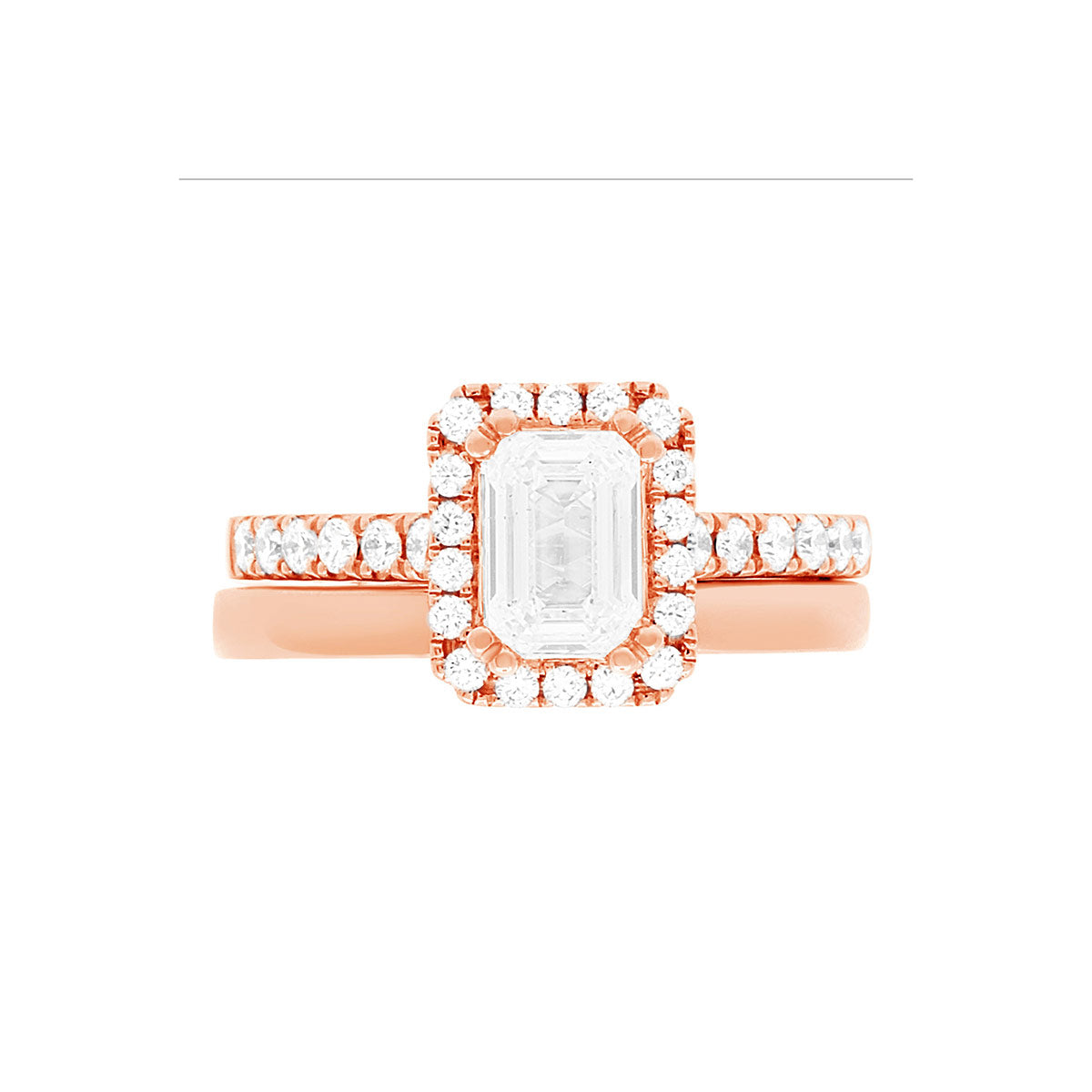 Emerald Shape Halo Ring In Rose Gold with a matching rose gold wedding band