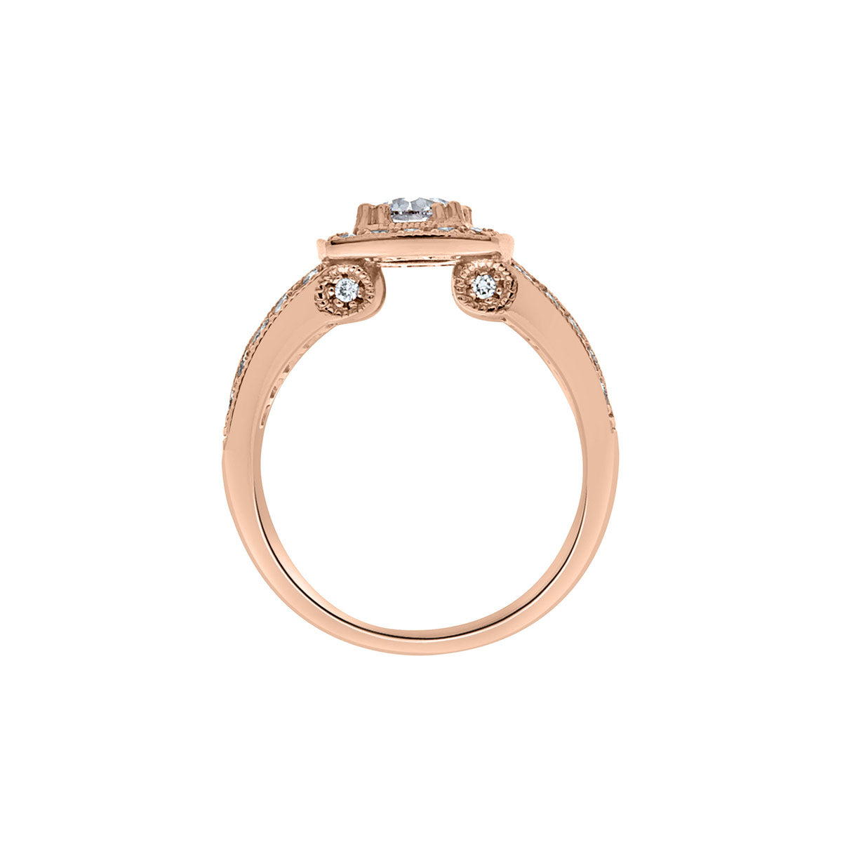 Halo Engagement Ring with Milgrain in rose gold pictured vertical