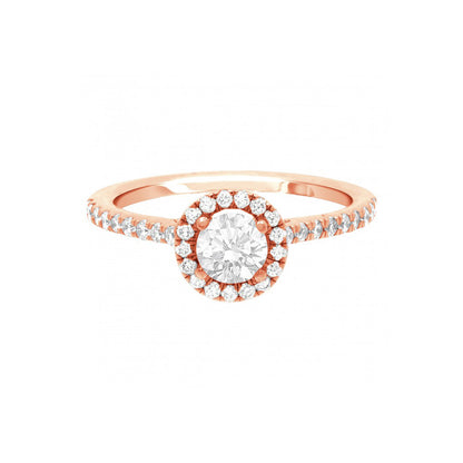 Round Halo Diamond Ring in rose gold laying flat, with a white background