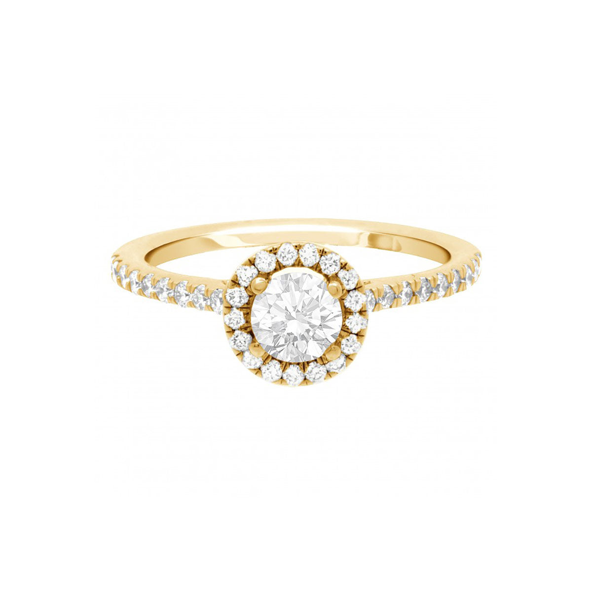 Round Halo Diamond Ring in yellow gold laying flat on a white surface