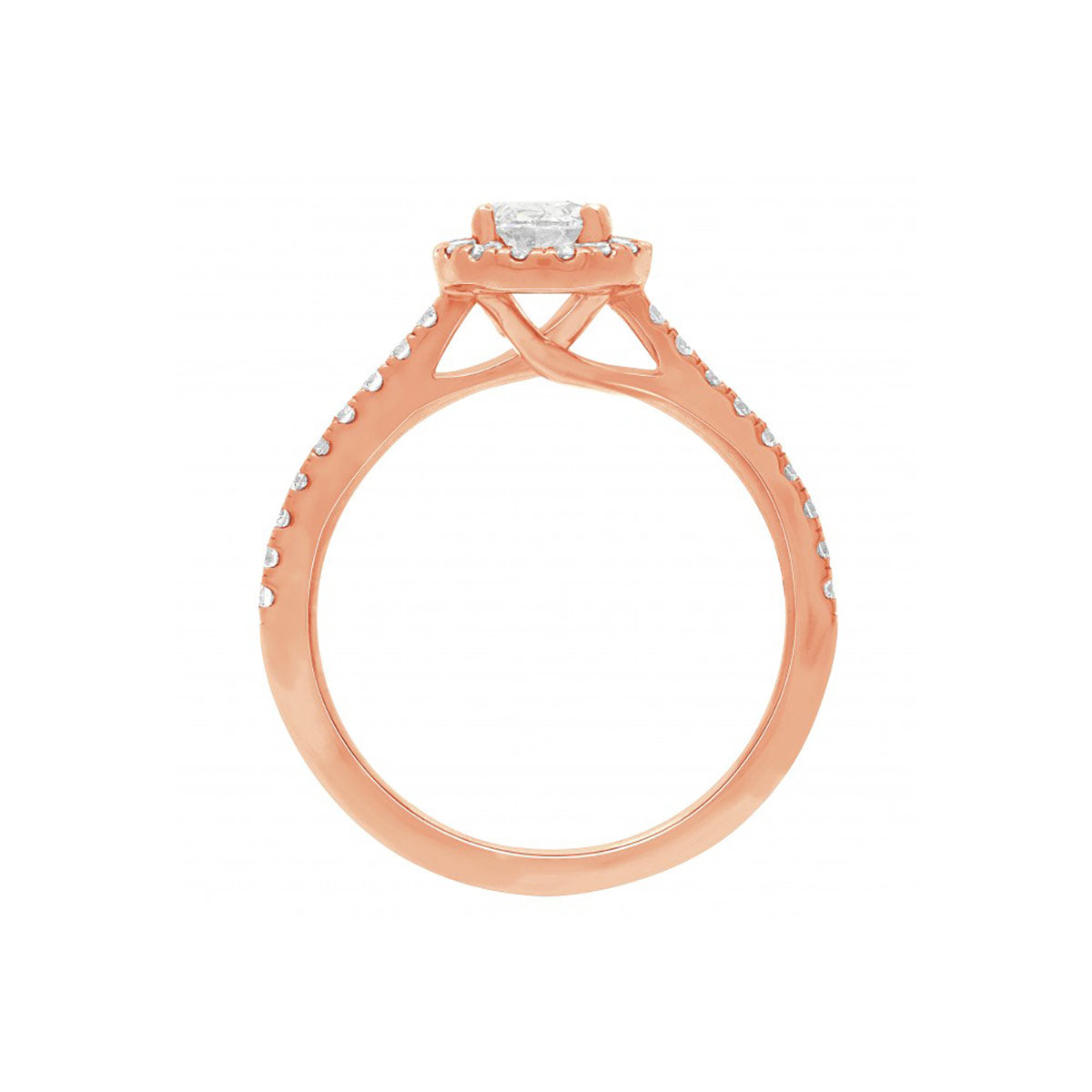 Round Halo Diamond Ring in rose gold , standing upright, with a white background