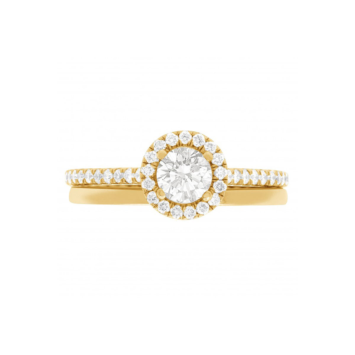 Round Halo Diamond Ring in yellow gold with a matching plain wedding band, on a white background