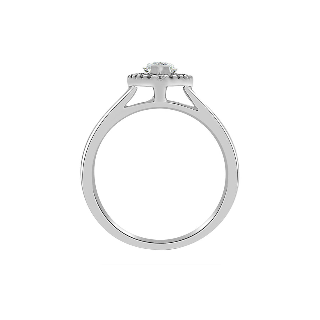 Marquise Cut Halo Ring in platinum in an upright position