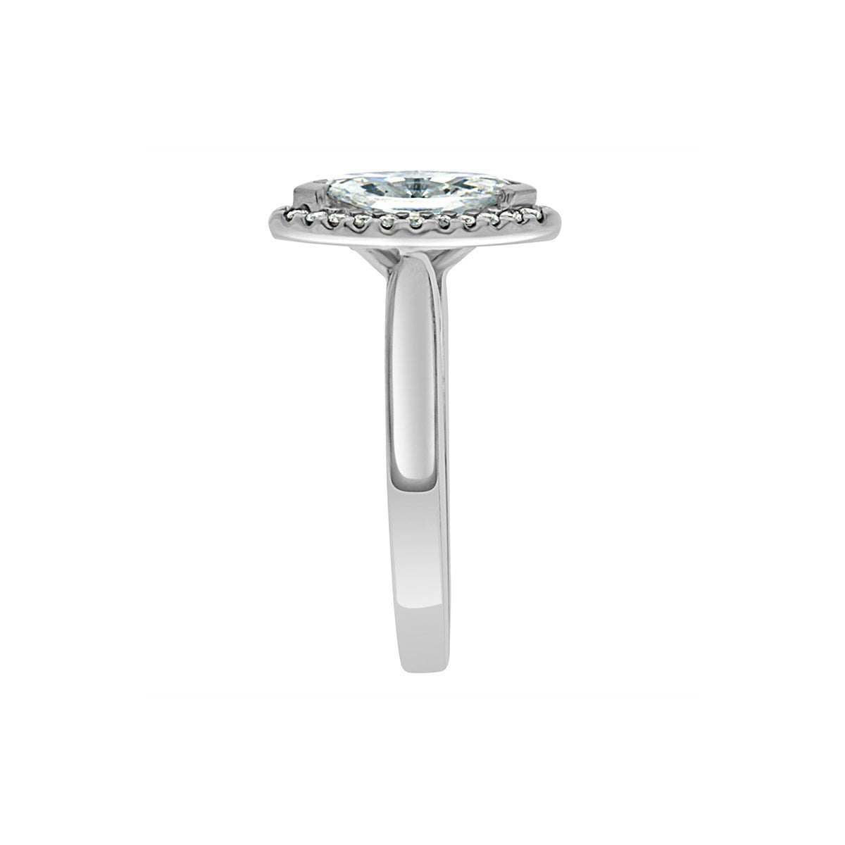 Marquise Cut Halo Ring in platinum in an upright position from a side view