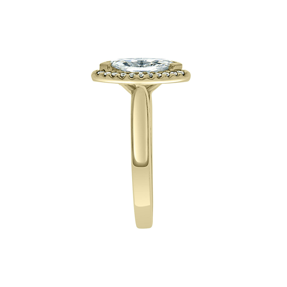 Marquise Cut Halo Ring in yellow gold in an upright position from a side angle view