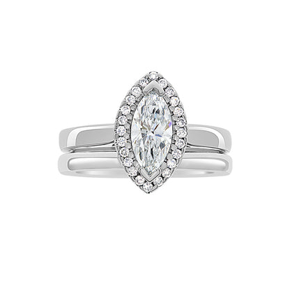 Marquise Cut Halo Ring in platinum with a matching platinum wedding ring