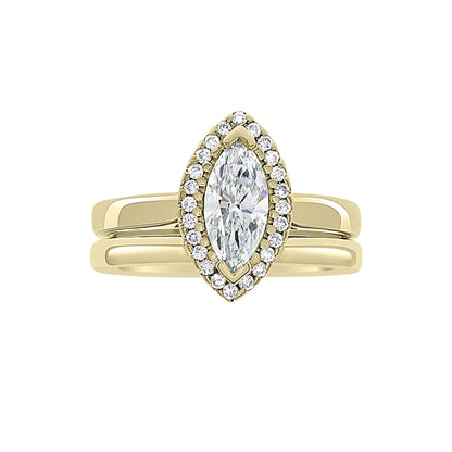 Marquise Cut Halo Ring in yellow gold with a matching plain gold wedding ring