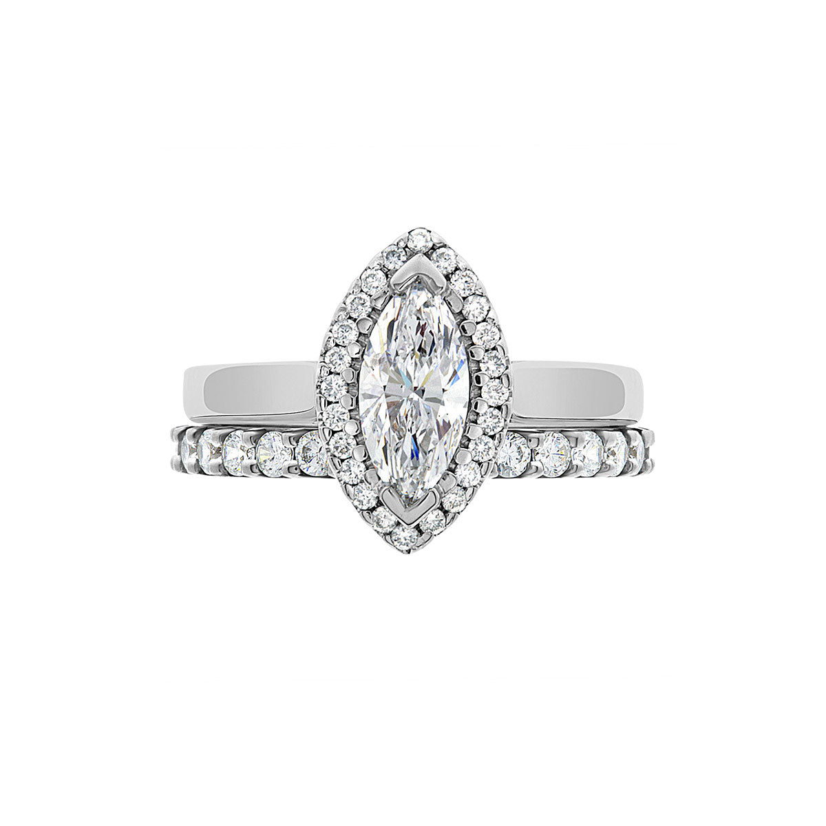 Marquise Cut Halo Ring in platinum pictured with a matching diamond set wedding ring