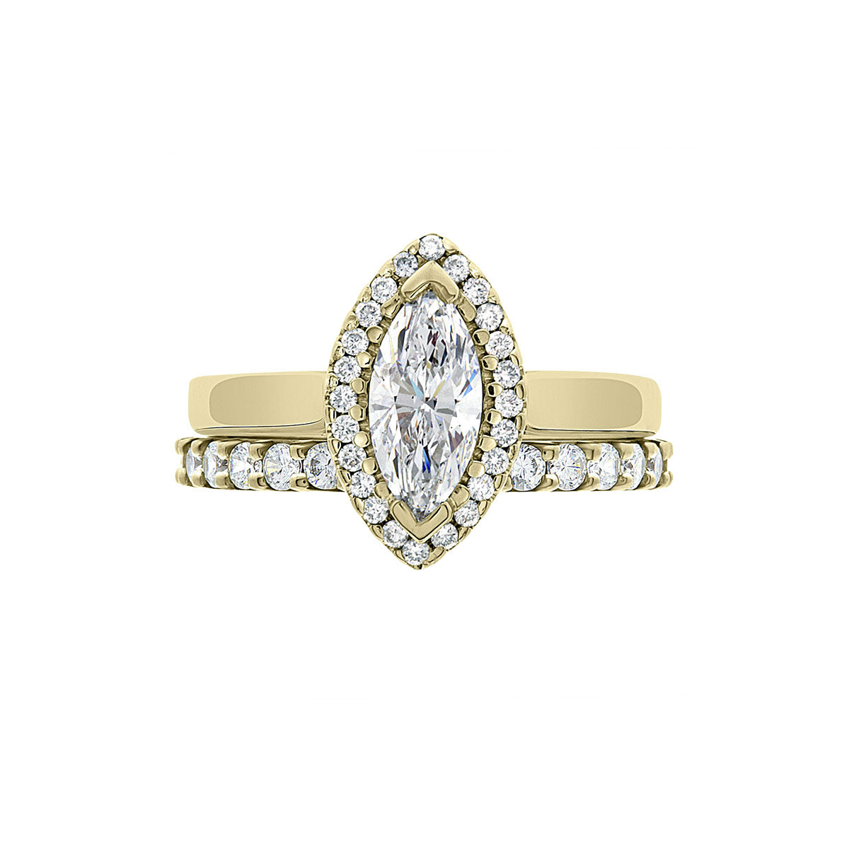 Marquise Cut Halo Ring in yellow gold with a matching diamond wedding ring