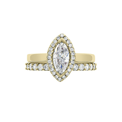 Marquise Cut Halo Ring in yellow gold with a matching diamond wedding ring