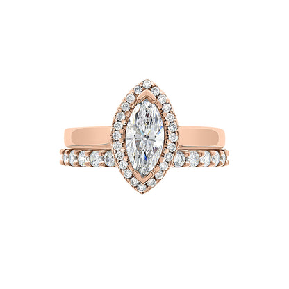 Marquise Cut Halo Ring in rose gold with a matching diamond set wedding band