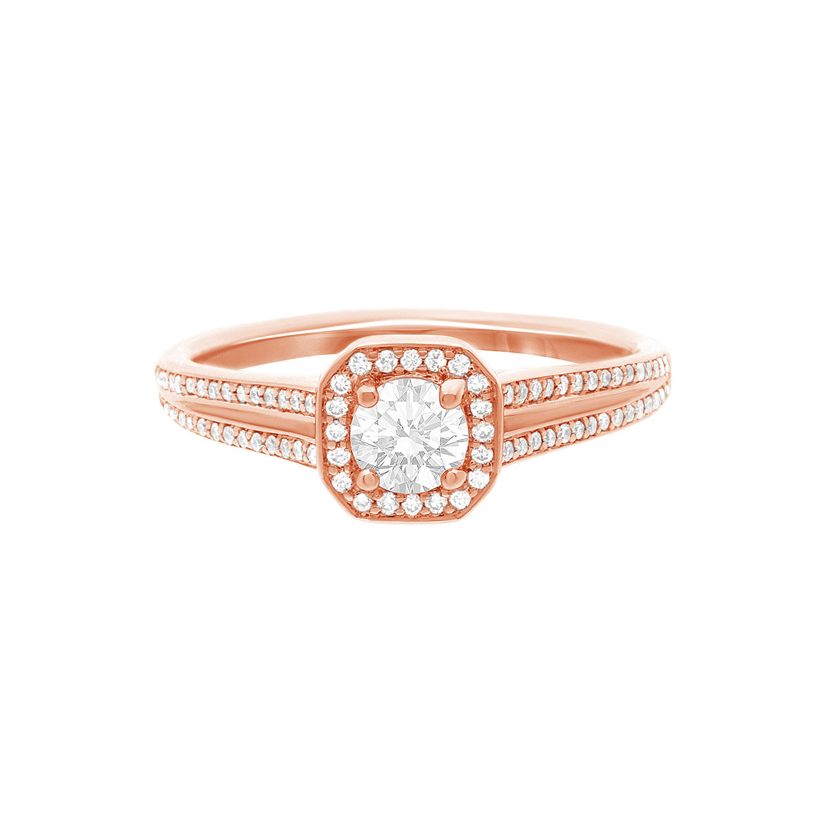 Pavé Halo Diamond Ring with split shoulders in rose  gold