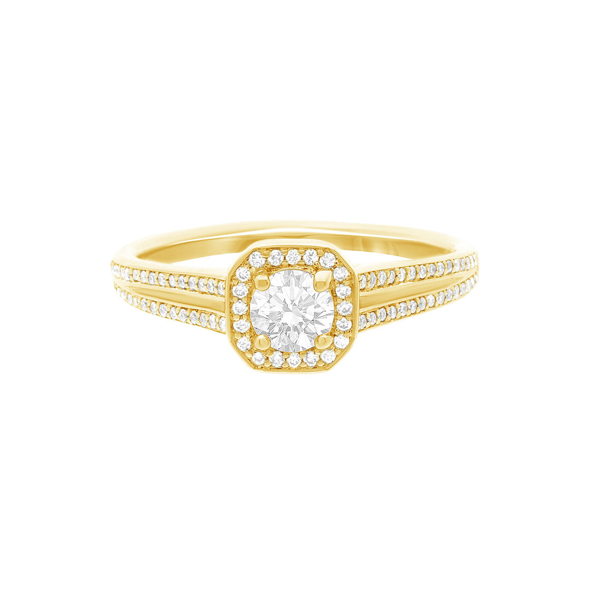 Pavé Halo Diamond Ring with split shoulders in yellow gold