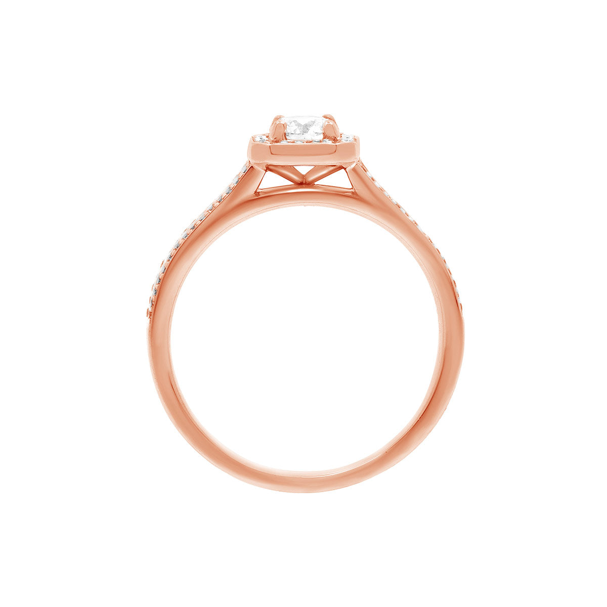 Pavé Halo Diamond Ring with split shoulders in rose gold in a vertical position