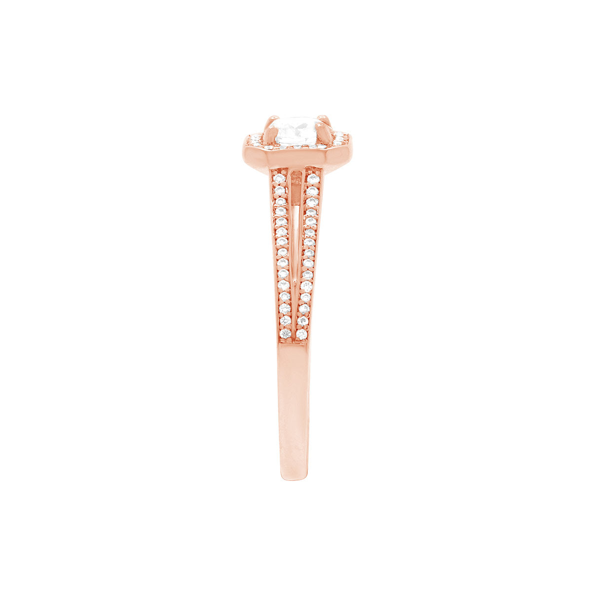 Pavé Halo Diamond Ring with split shoulders in rose gold in a side view position