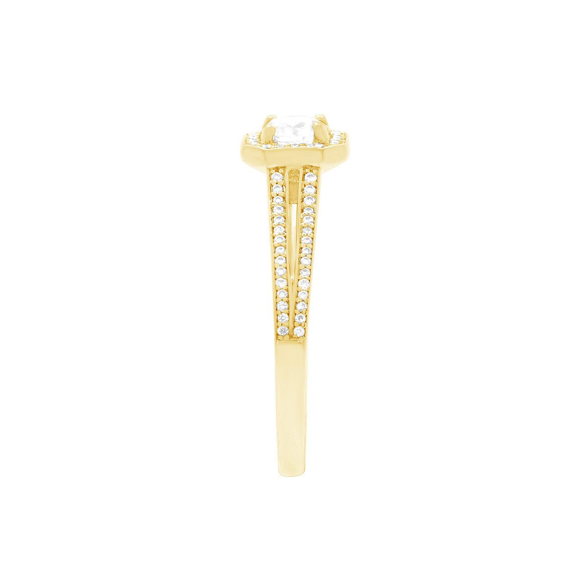 Pavé Halo Diamond Ring in yellow gold pictured from a side angle