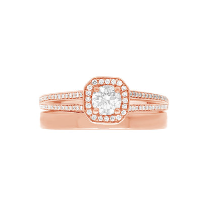 Pavé Halo Diamond Ring with split shoulders in rose gold with a plain rose gold wedding band