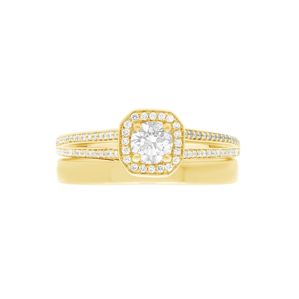 Pavé Halo Diamond Ring with a matching yellow gold wedding ring