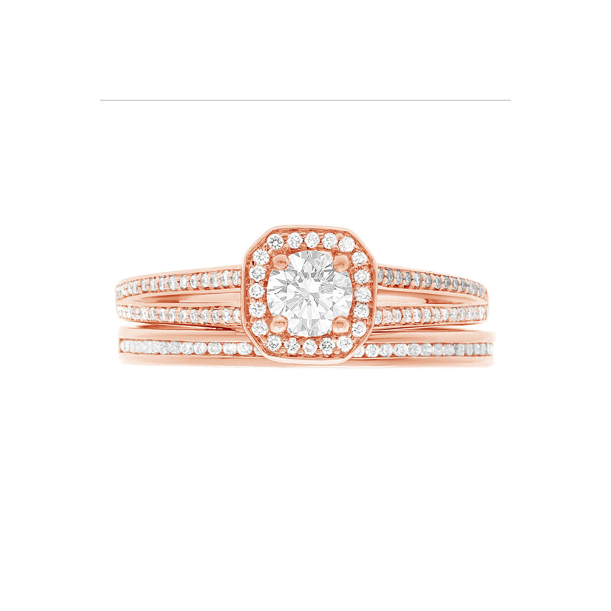 Pavé Halo Diamond Ring with split shoulders in rose gold with a rose gold and diamond wedding ring