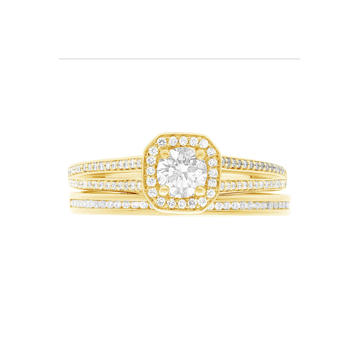 Pavé Halo Diamond Ring in yellow gold with a matching yellow gold and diamond wedding band