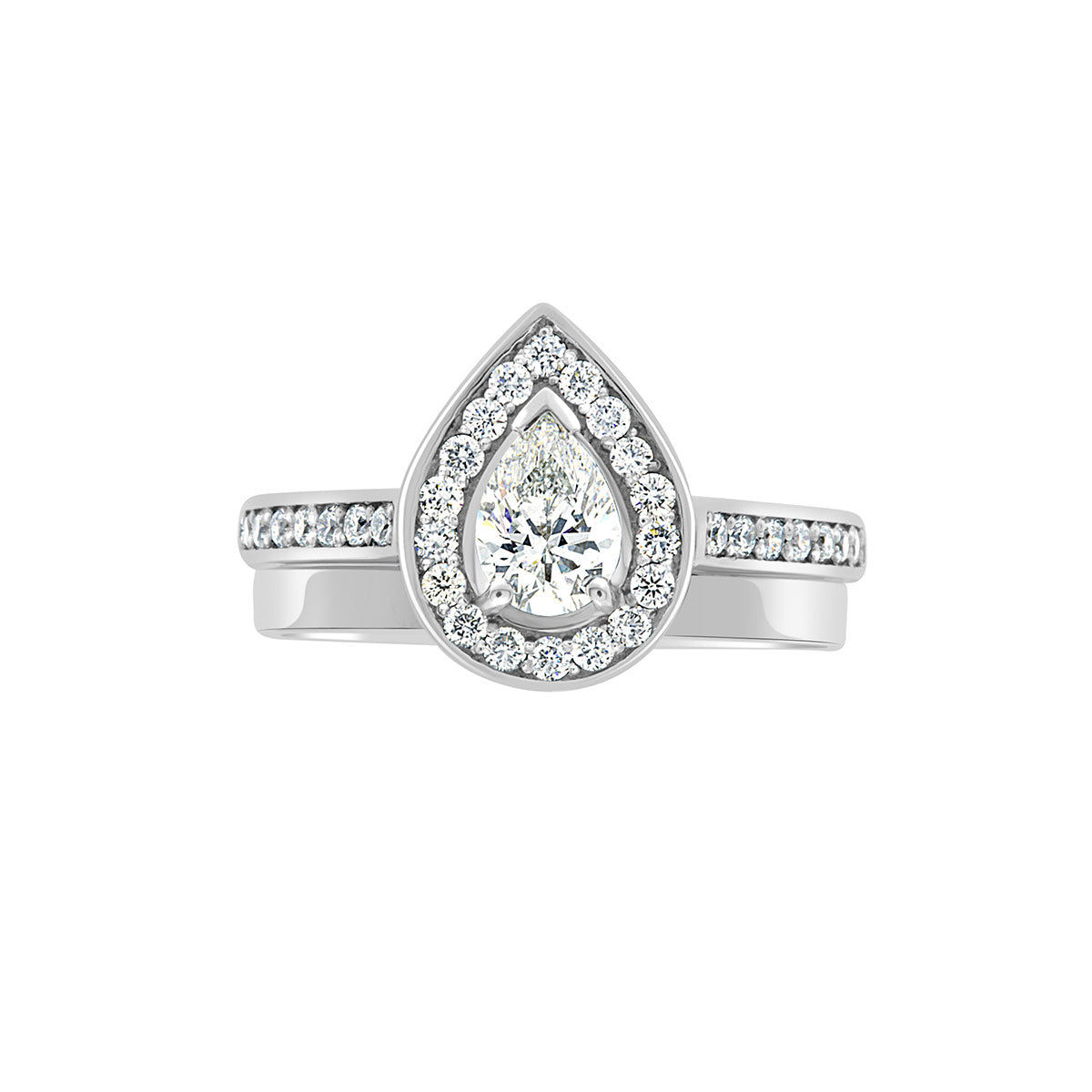 Pear Shaped Halo Engagement Ring in white gold, with a matching plain wedding ring, white background