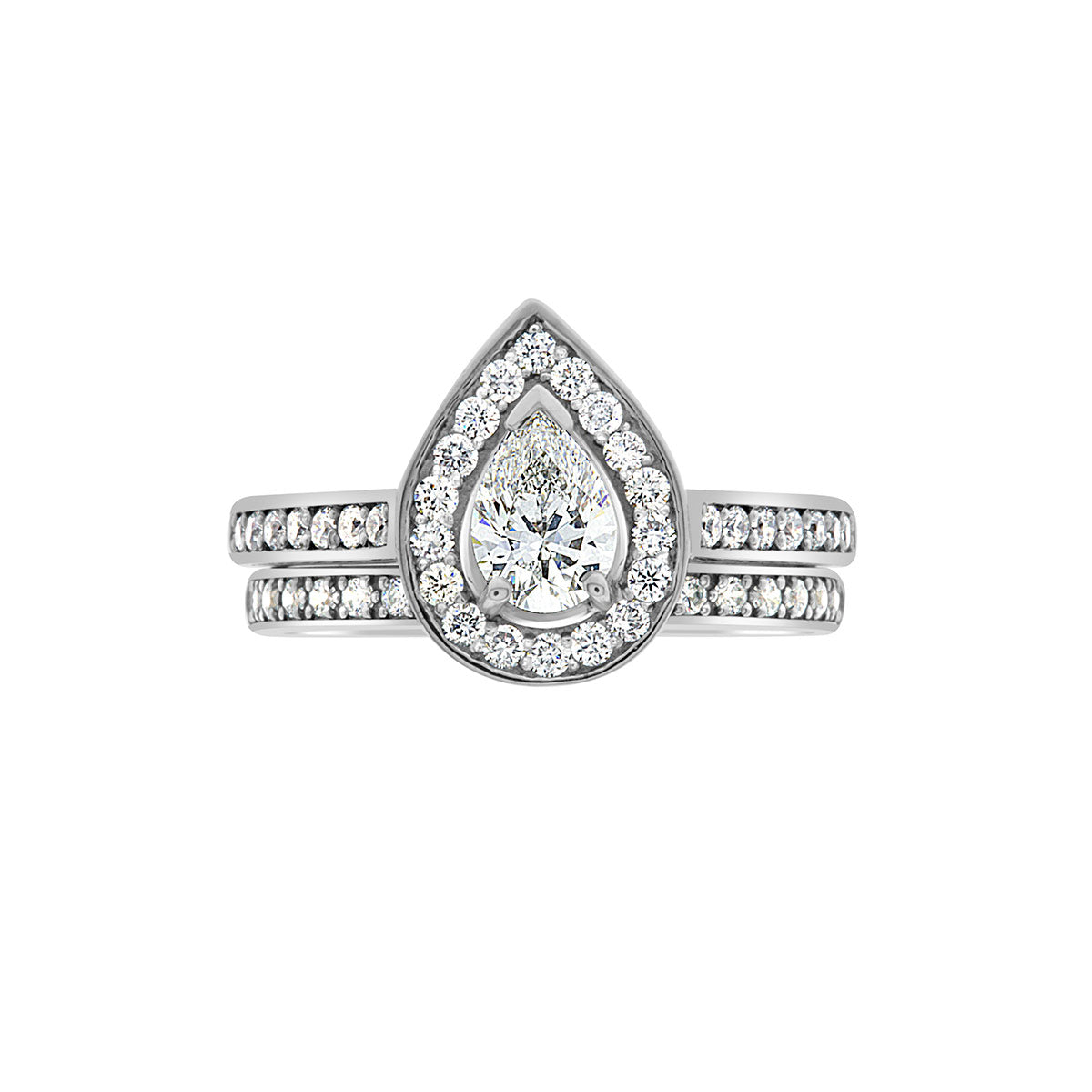 Pear Shaped Halo Engagement Ring in white gold, with a matching diamond set wedding ring, white background