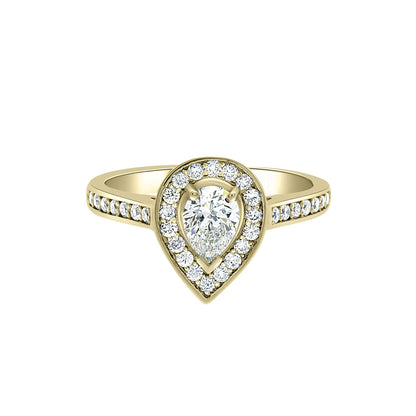 Pear Shaped Halo Engagement Ring in yellow gold, laying flat on a white surface white background